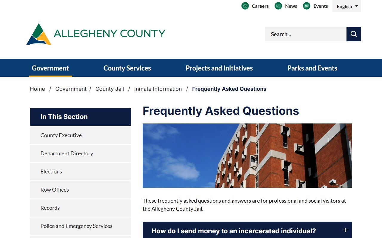 Allegheny County Jail inmate lookup FAQ record page
