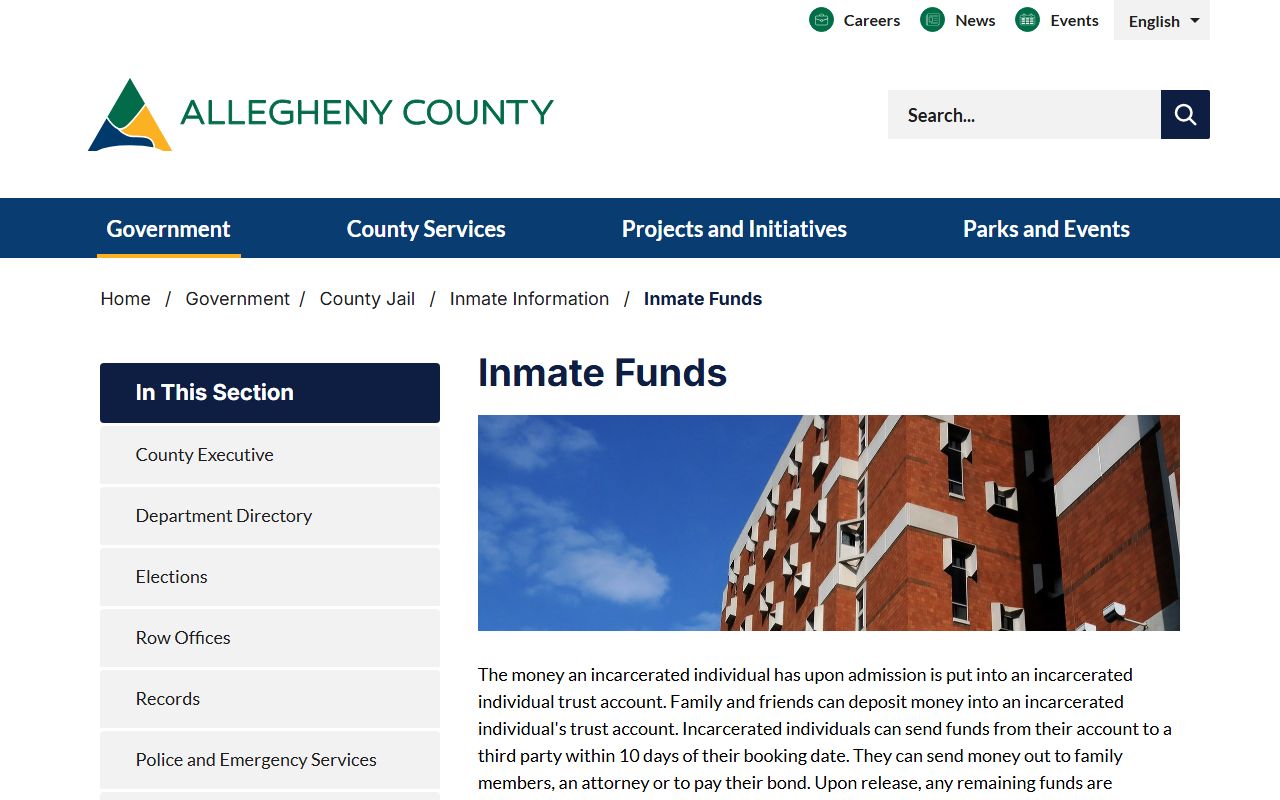 Allegheny County Jail inmate funds record page